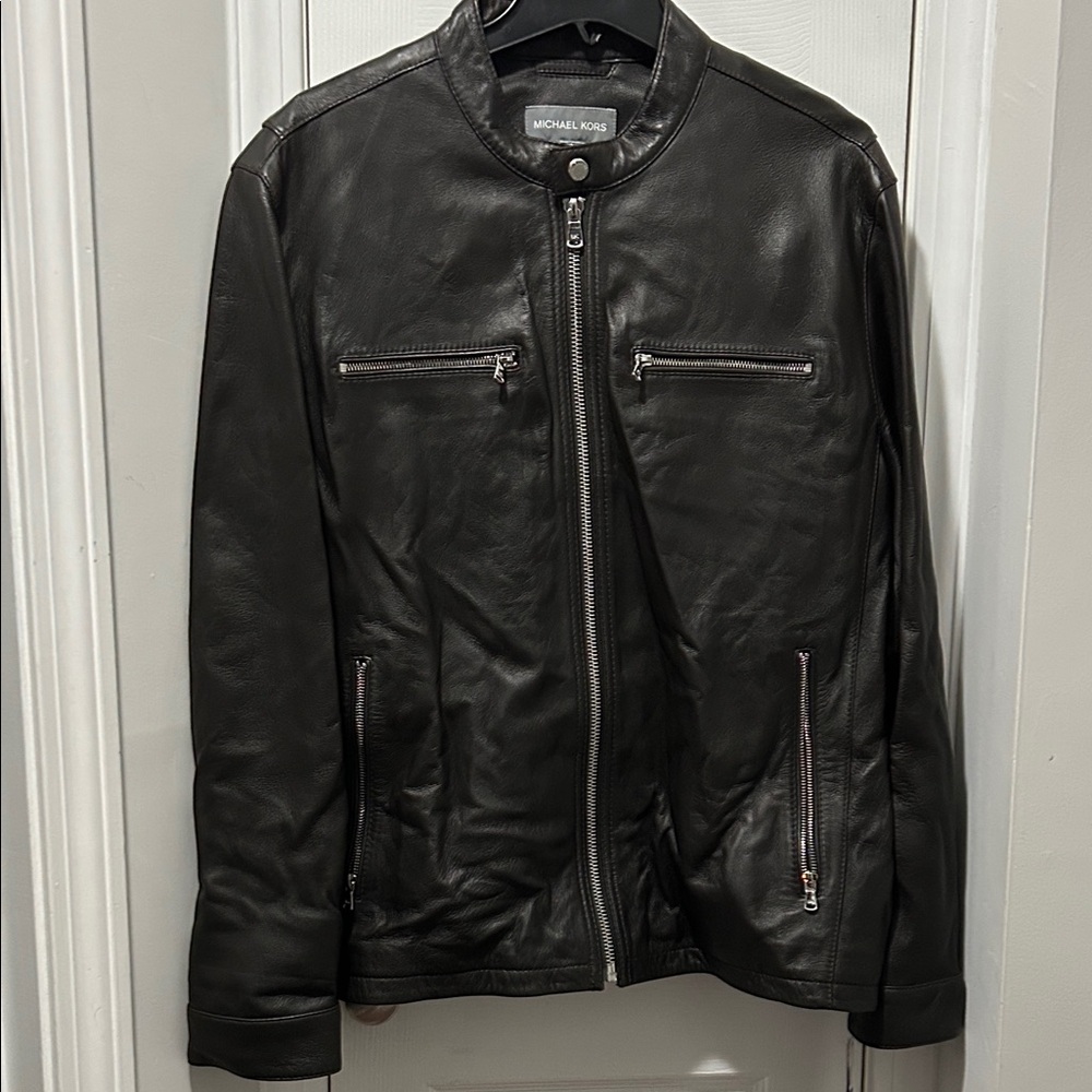 Michael Kors Black Leather Bomber Jacket with Silver Zippers